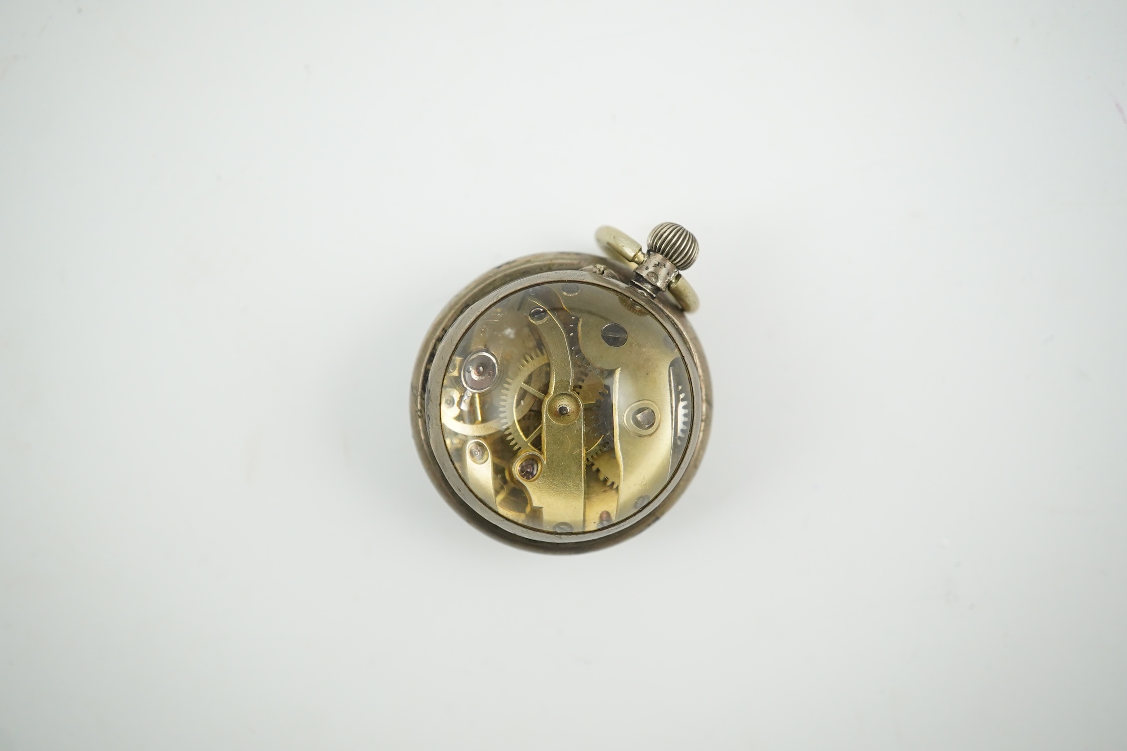An early 20th century white metal and two colour paste set bullseye fob watch, with Roman dial, 30mm. Condition - poor to fair